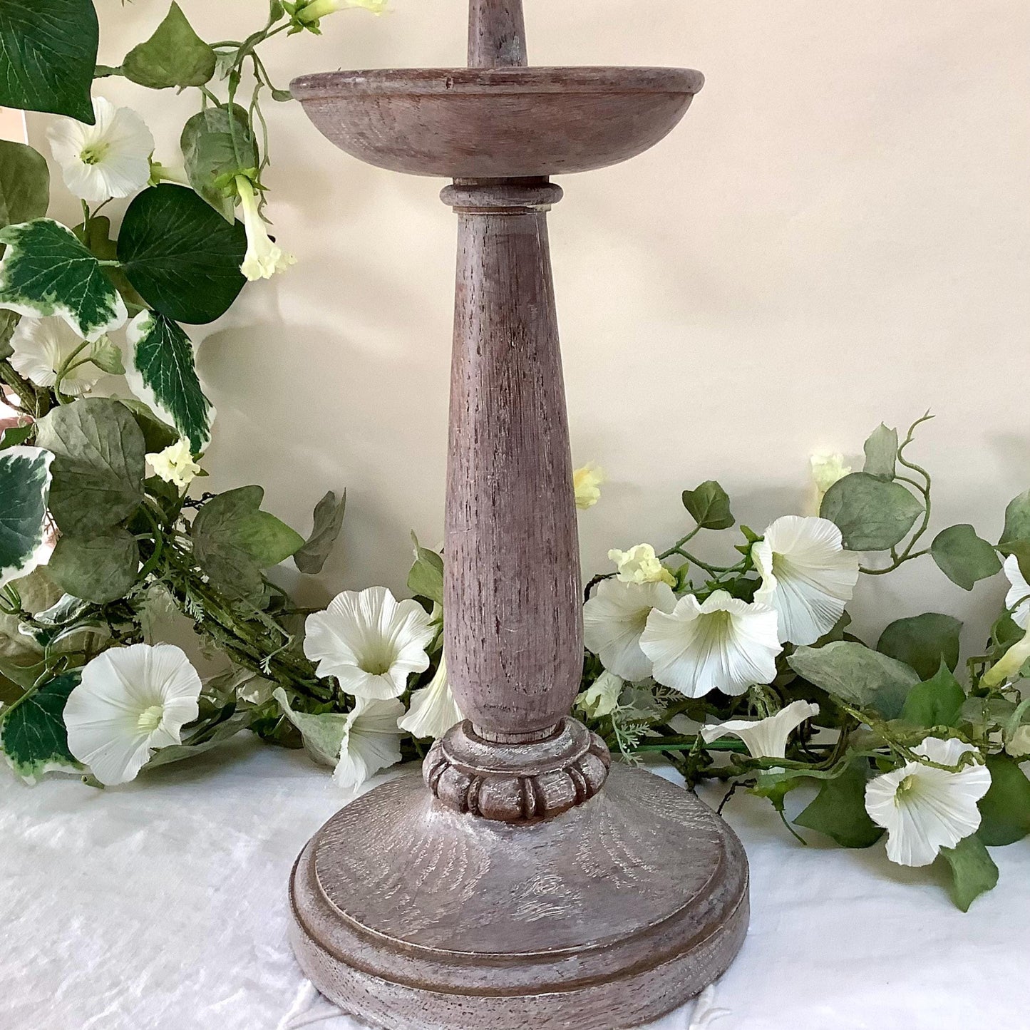 Bougeoir pique cierge bois cérusé vintage ht 38 cm