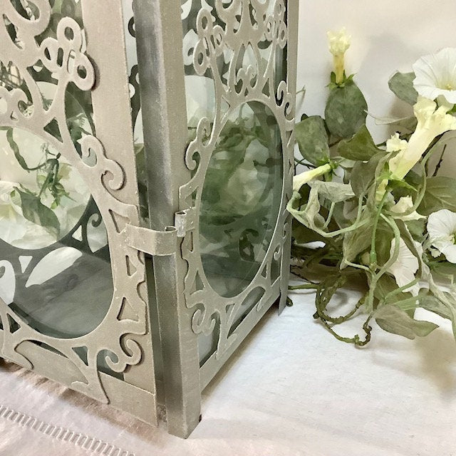  Lanterne métal gris ajouré 38 cm hauteur vitres verre vintage, à poser suspendre