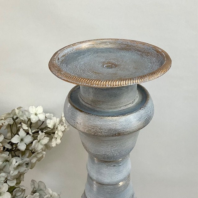 Chandelier bougeoir bois sculpté  bleu or vintage 43 cm hauteur bougie 