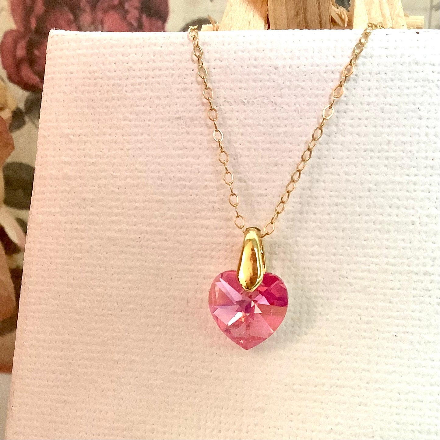 Collier coeur Rose pendentif cristal Swarovski chaîne Gold Filled plaqué or 14 k