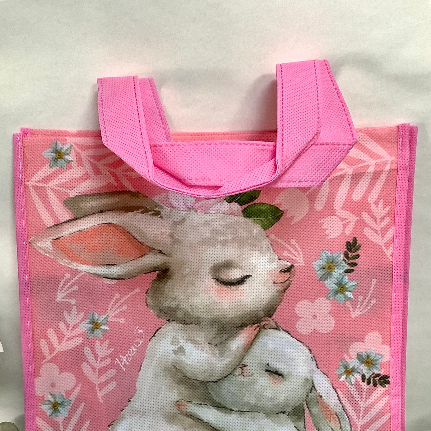 Sac Pâques rose motifs lapin ht 28 cm