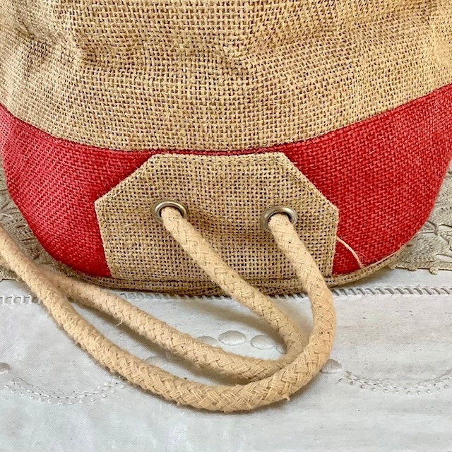 Sac de plage imperméable toile de jute beige framboise ht 40 cm