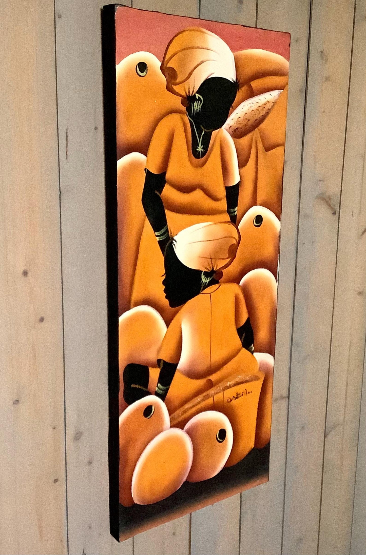 Vue rapprochée tableau art populaire République dominicaine scène vie colorée, peinture naïve originale