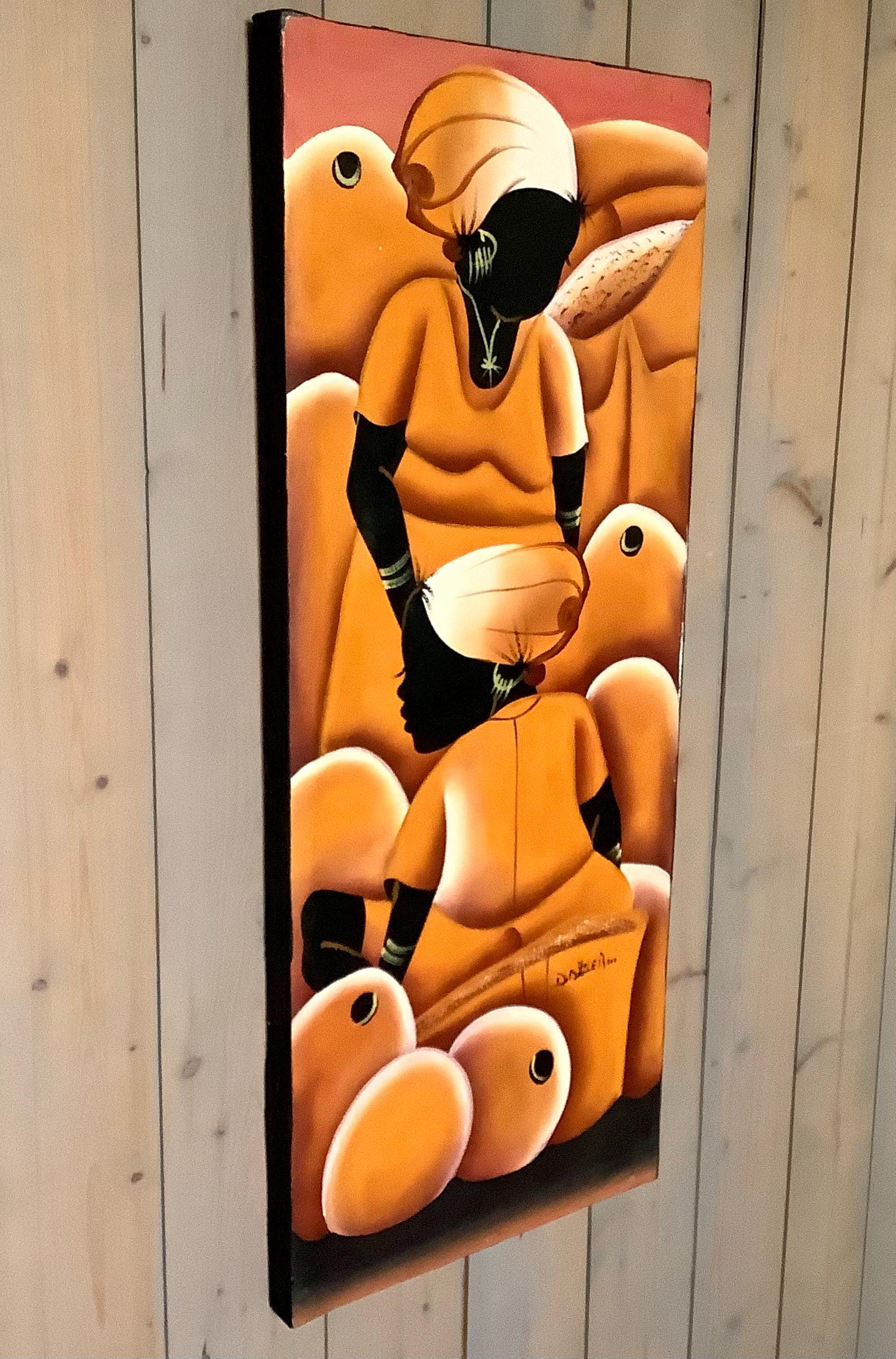 Vue rapprochée tableau art populaire République dominicaine scène vie colorée, peinture naïve originale