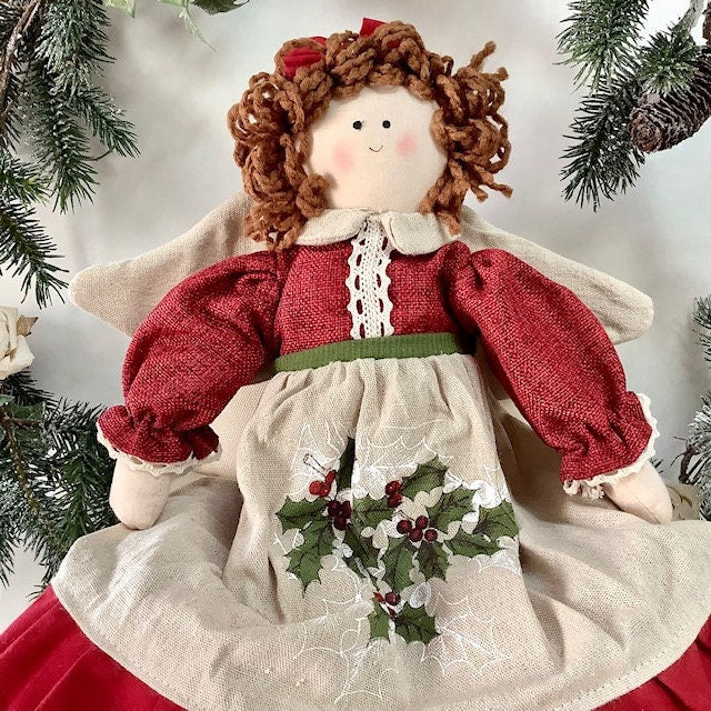 Poupée de chiffon ange tissu écru rouge  ht 27 cm vintage