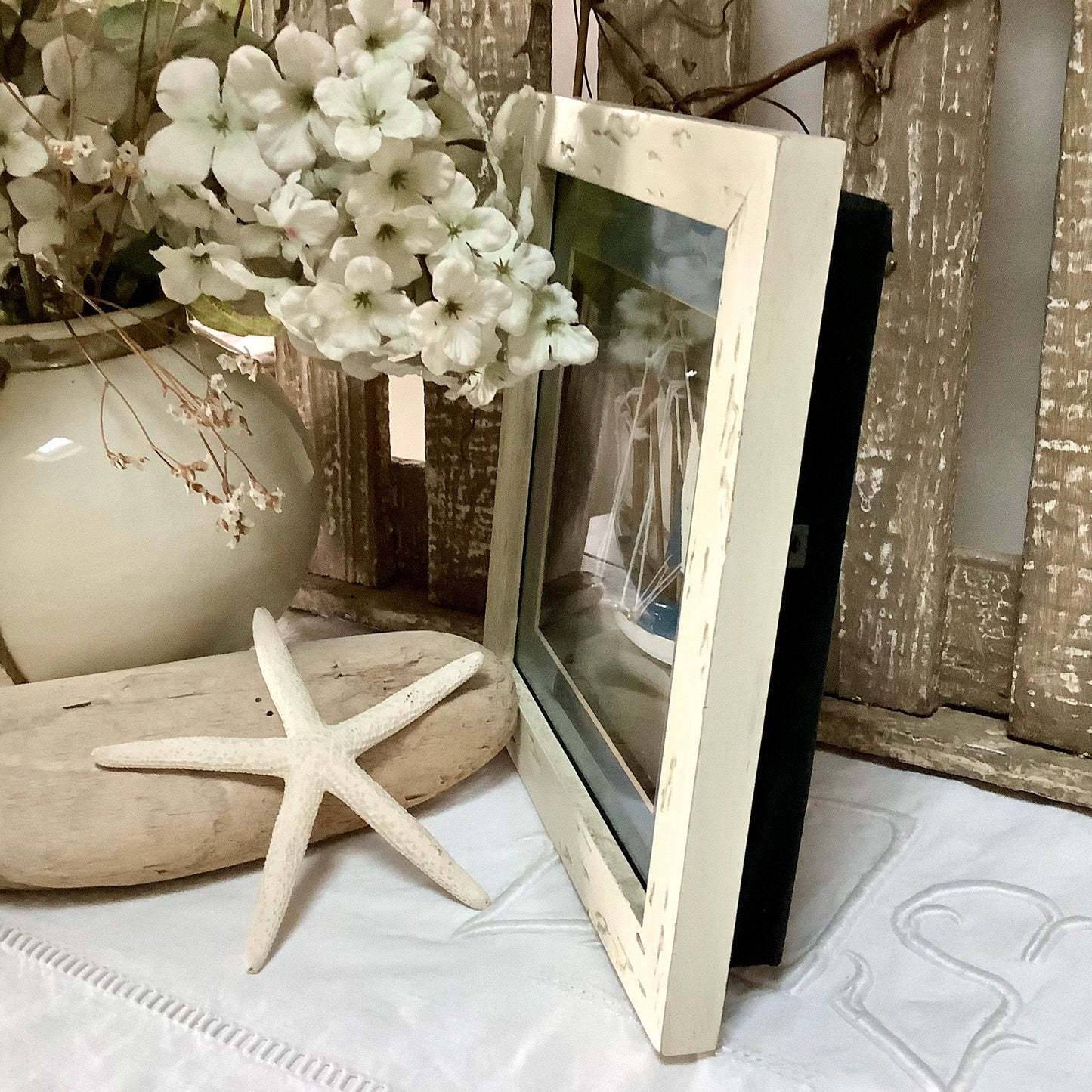 Tableau cadre maquette bateau thonier vintage 20 x 20