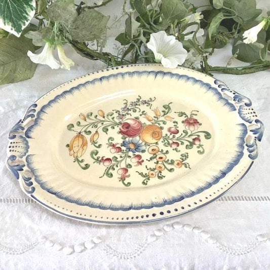 Grand plat ovale faïence motif floraux vintage