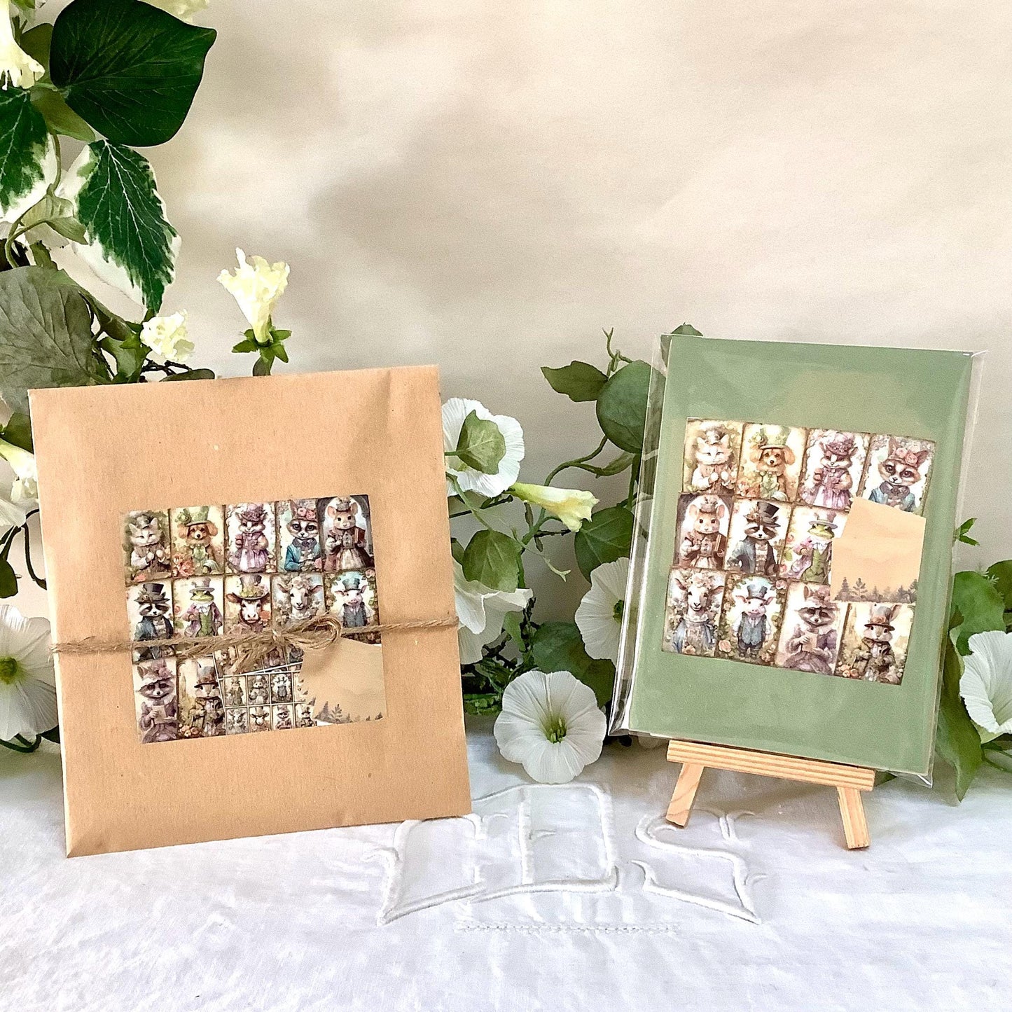 Images animaux victoriens  12 cartes + 4 enveloppes + 32 autocollants