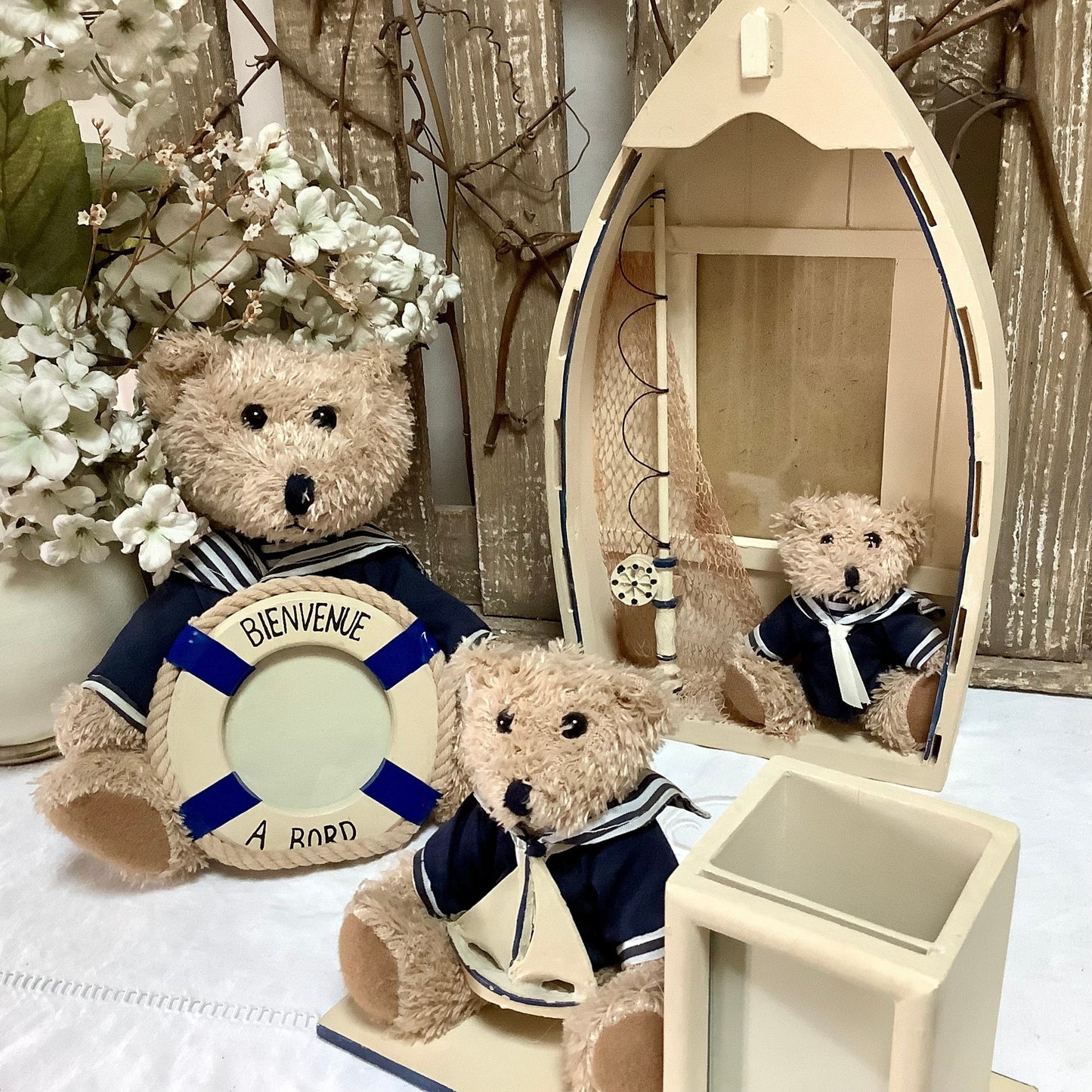 Décoration marine ours peluche bateau cadre photo vintage résine, trois oursons 30 cm