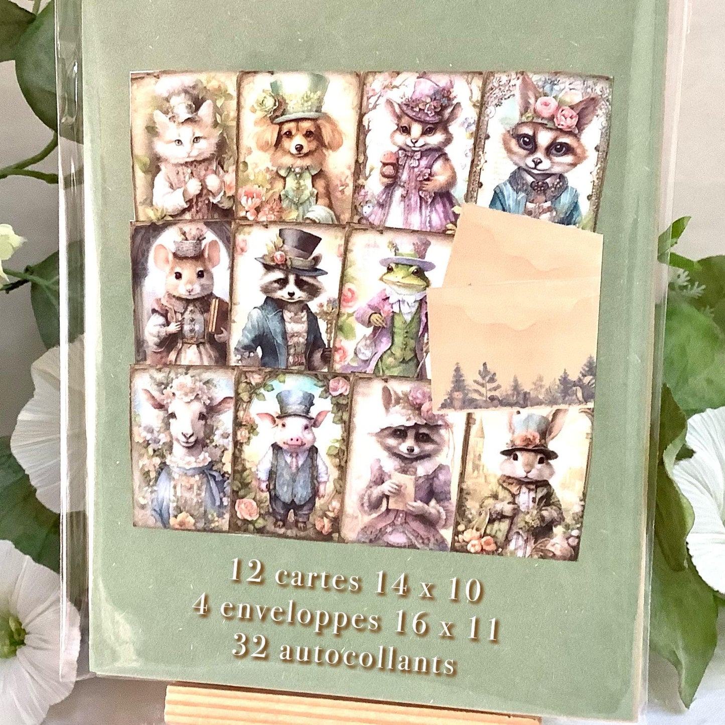 Images animaux victoriens  12 cartes + 4 enveloppes + 32 autocollants