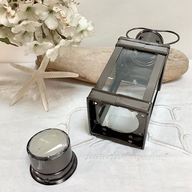 Lanterne marine carrée métal vintage ht 15.5 cm