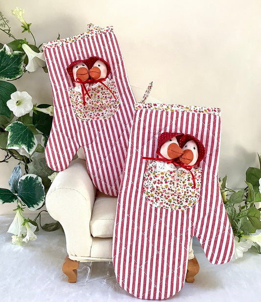 Maniques gants de four oies rayures  rouge et fleurs la galleria ht 30 cm