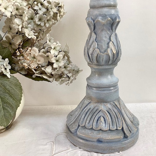 Chandelier bougeoir bois sculpté  bleu or vintage 43 cm hauteur bougie 