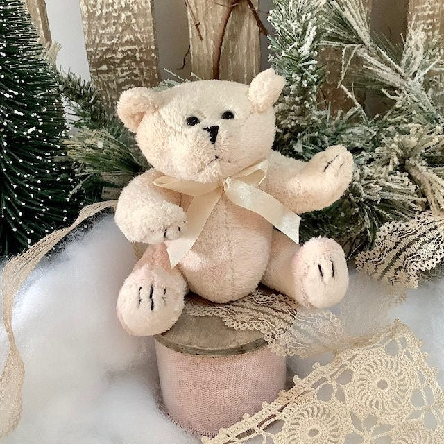 Mini ours en peluche blanc rose ht 10 cm vintage