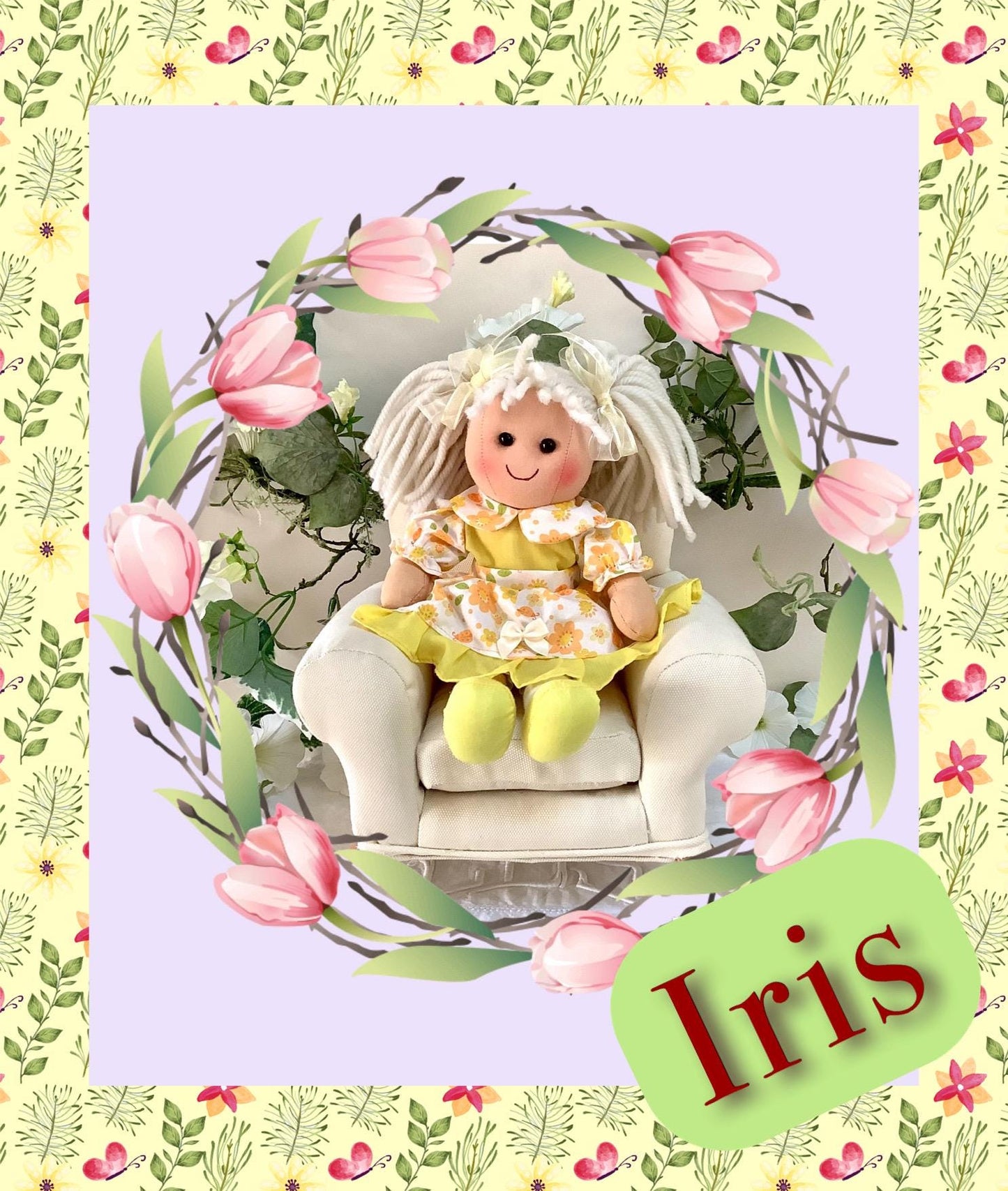 Poupée de chiffon tissu robe jaune modèle iris ht 30 cm
