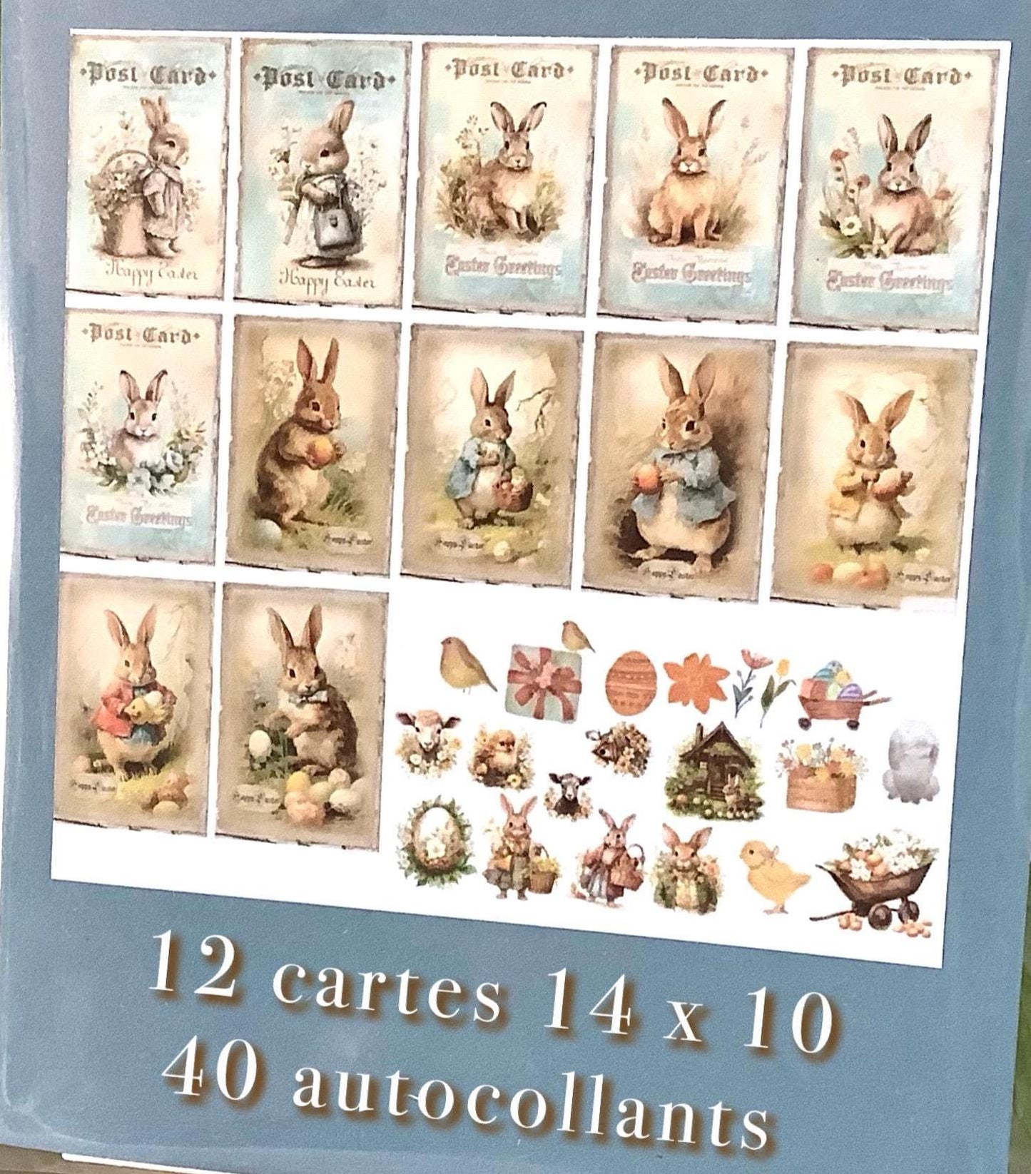 Images lapin de Pâques vintage 12 cartes + 38 autocollants