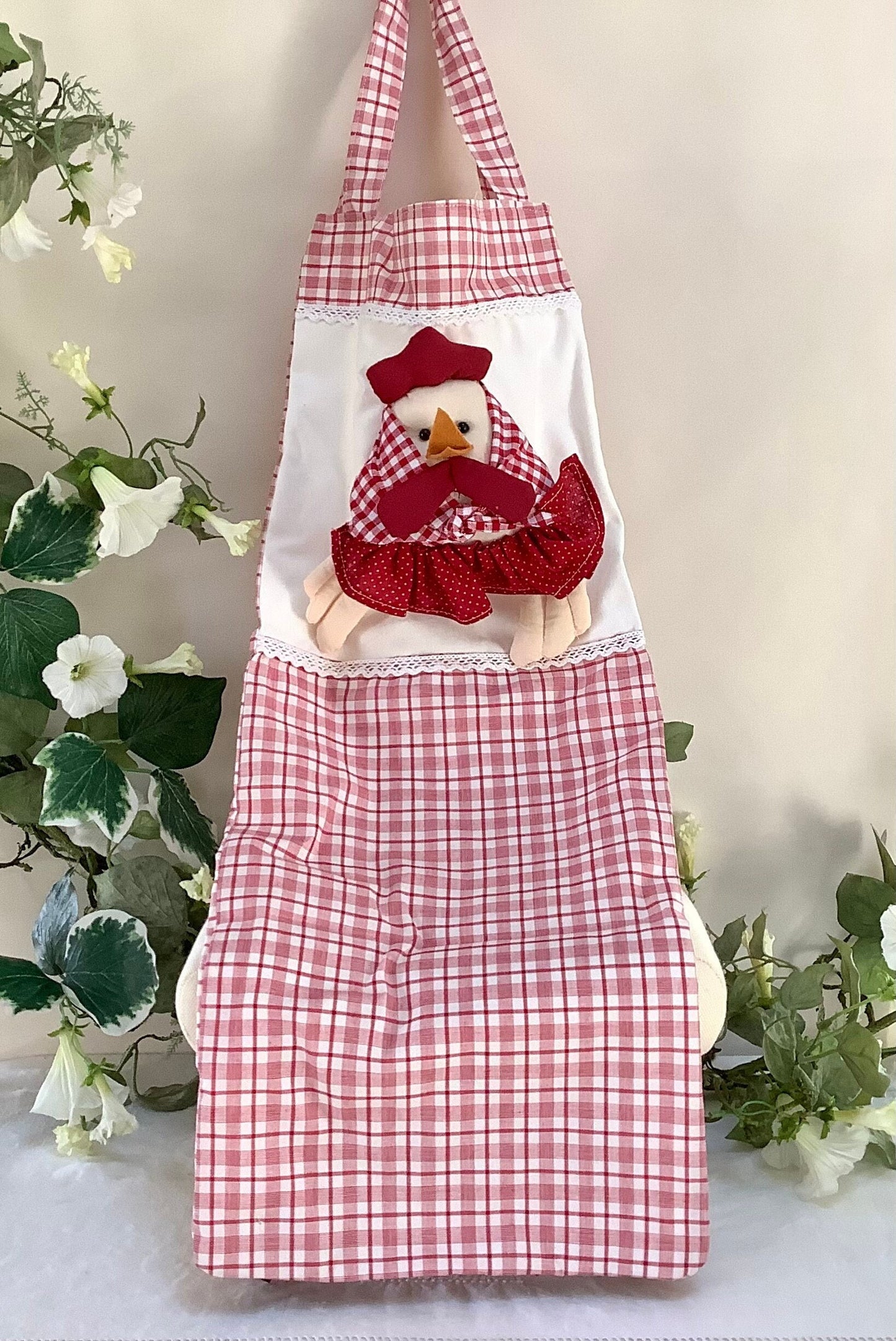 Sac à pain carreaux rouge blanc motif poule 60 cm, La Galleria décoration vintage
