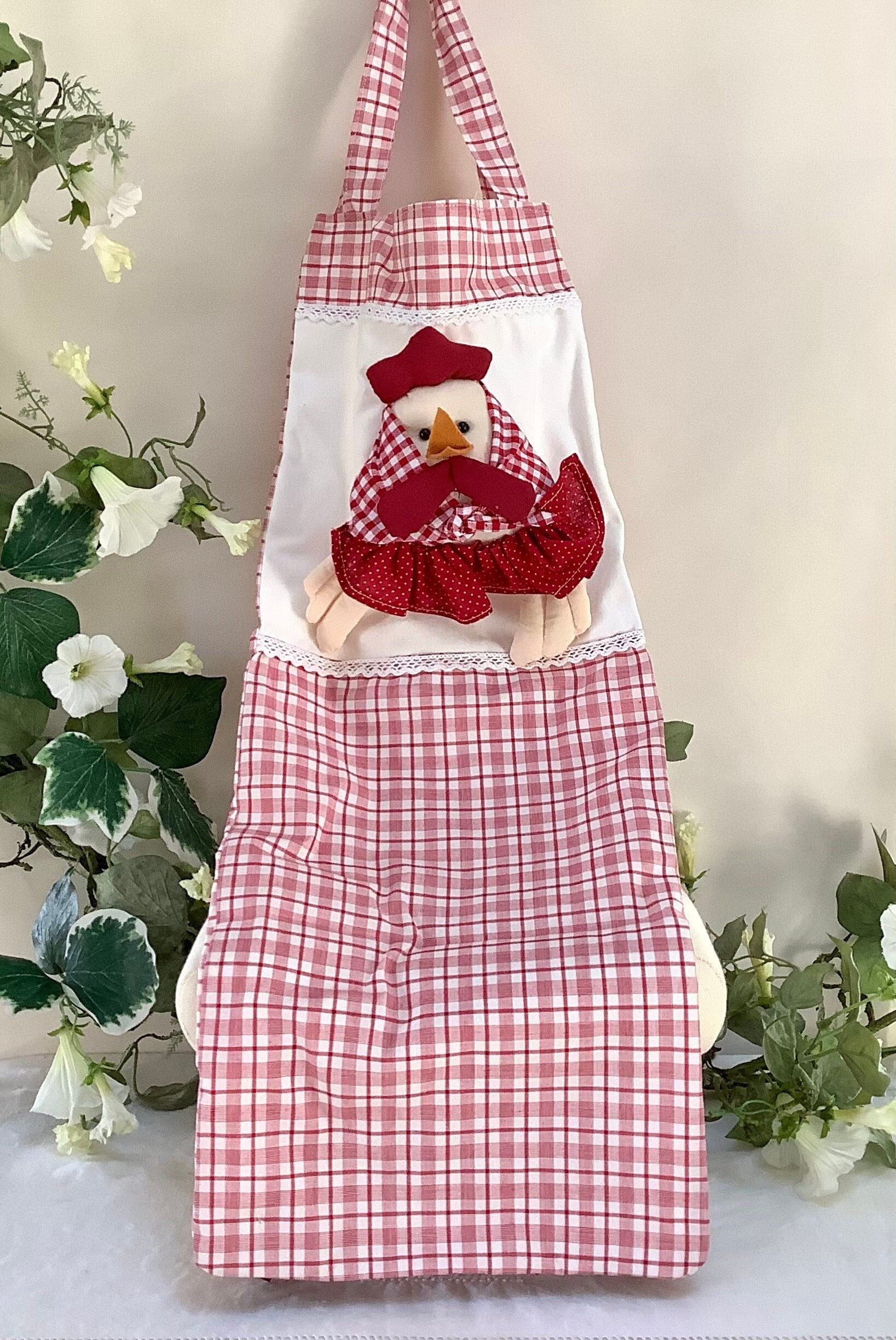 Sac à pain carreaux rouge blanc motif poule 60 cm, La Galleria décoration vintage