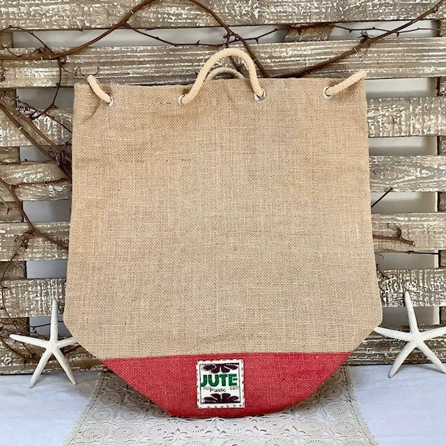 Sac de plage imperméable toile de jute beige framboise ht 40 cm