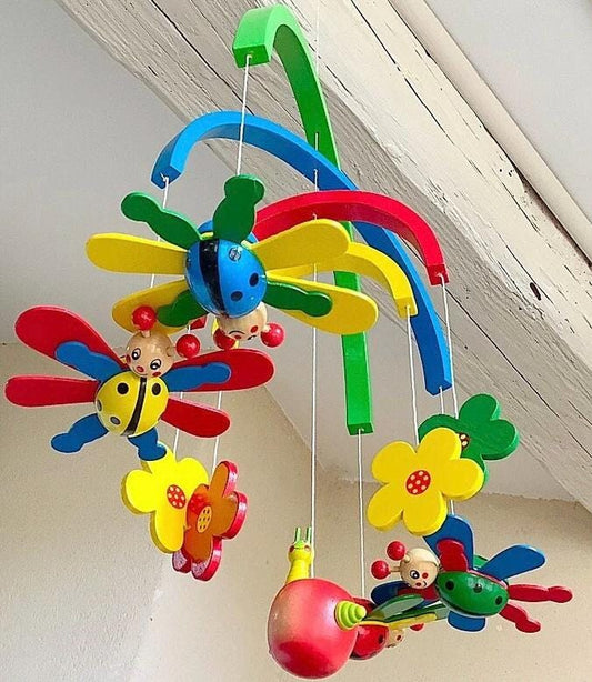 Jeu mobile bois coccinelles et fleurs ht 37 cm