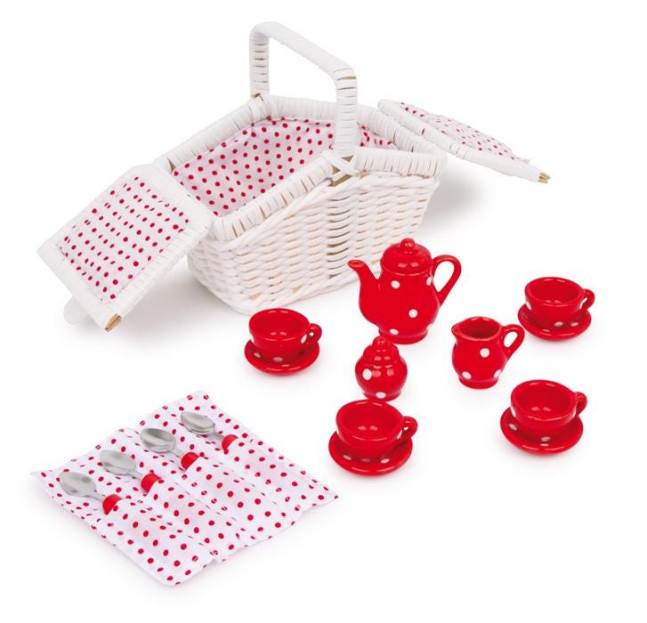 Jeu mini dînette porcelaine rouge pois panier