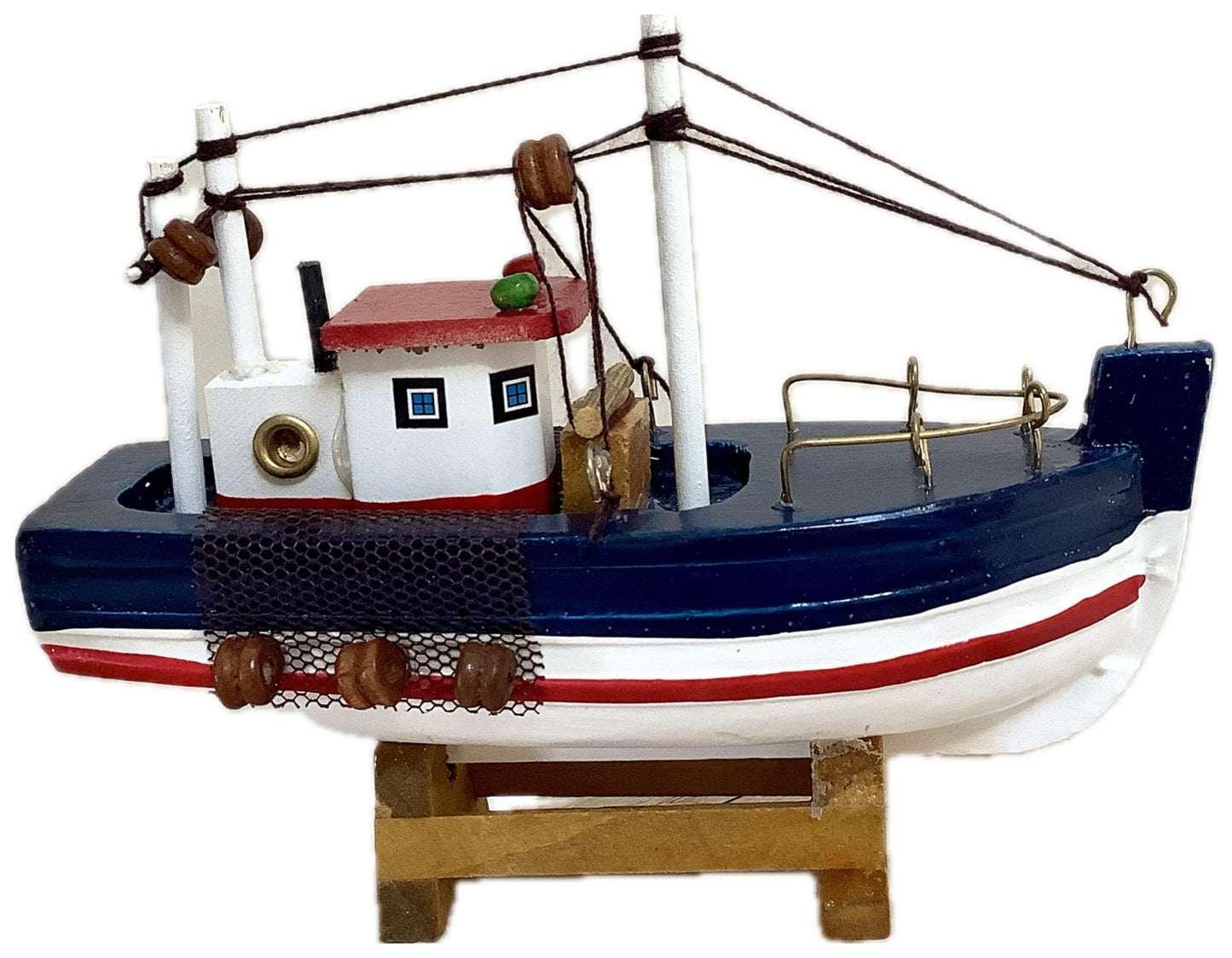 Bateau miniature bois chalutier bleu rouge décoration marine ht 9 cm