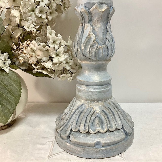 Chandelier bougeoir bois sculpté  bleu or vintage 43 cm hauteur bougie 