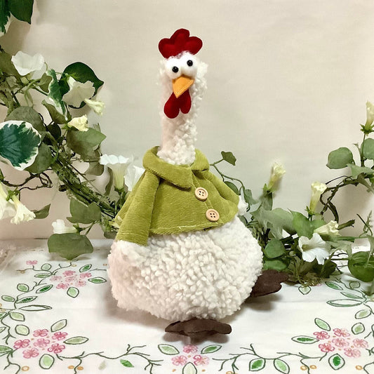 Poule peluche décoration veste verte  vintage ht 31 cm