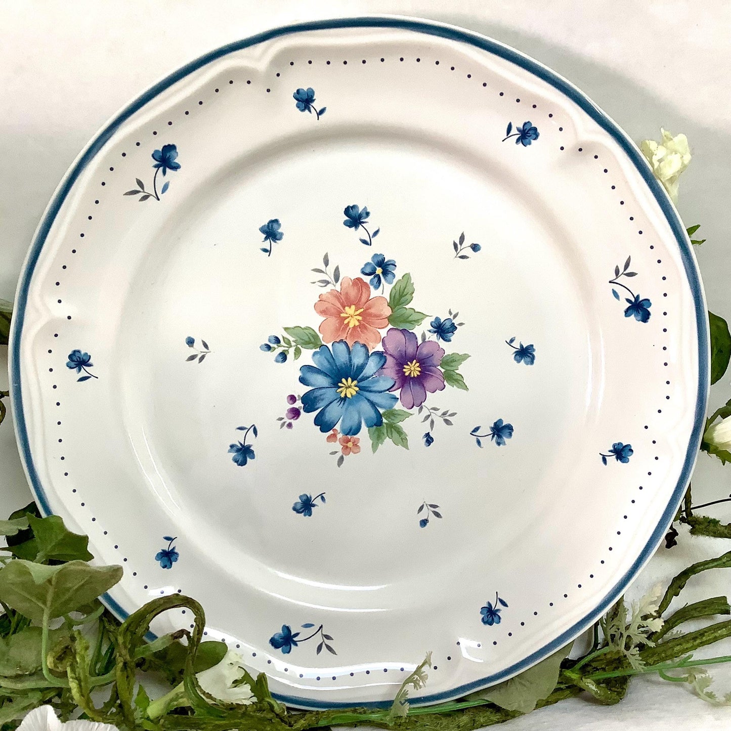 Grande assiette plate provincial bouquet grès émaillé vintage 80