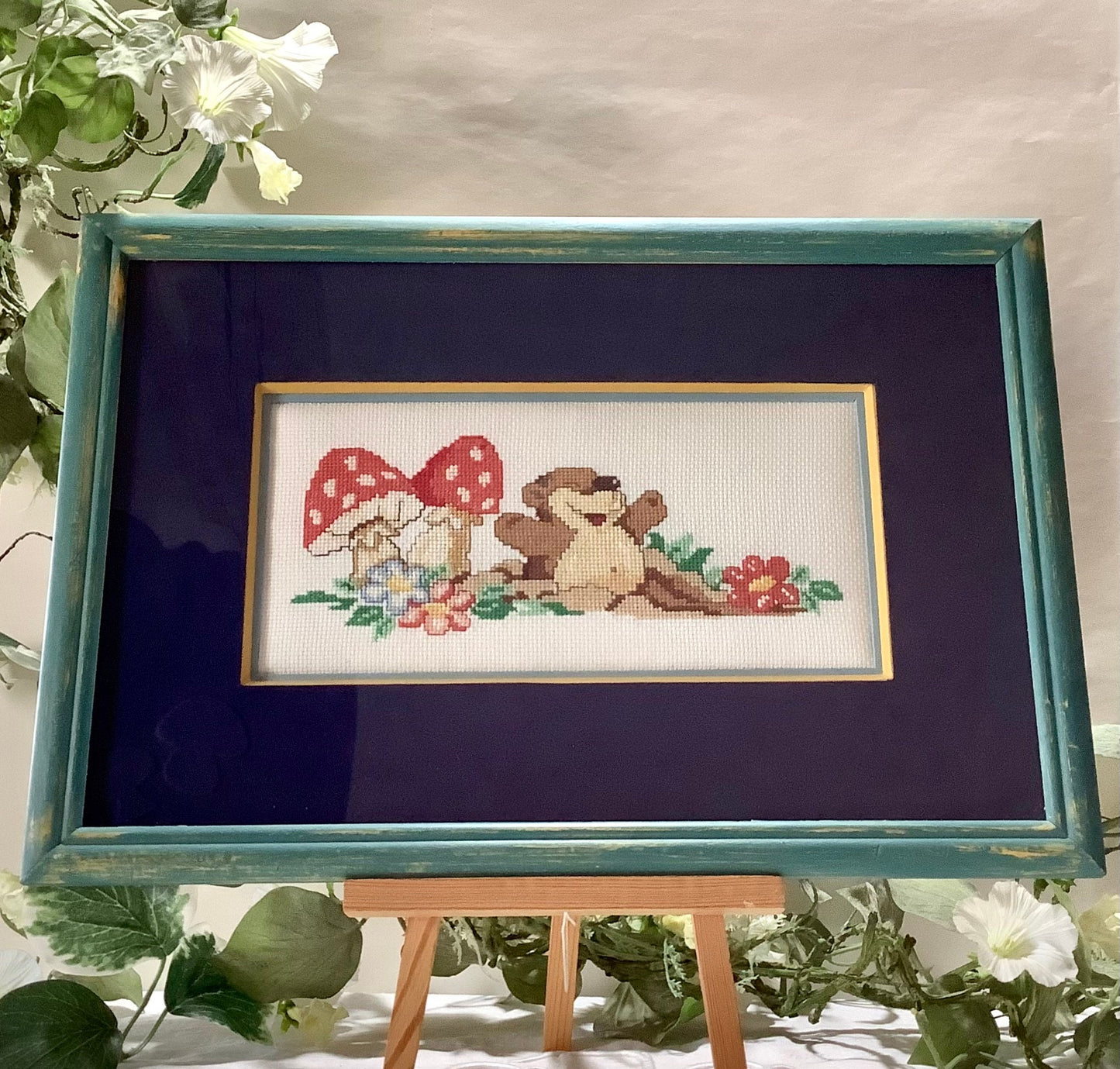 Tableau broderie enfant ourson vintage 41.5 cm x 28 cm