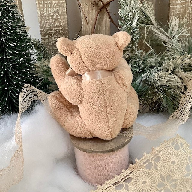 Mini ours peluche beige message boîte bois 6 cm hauteur, doudou vintage cadeau