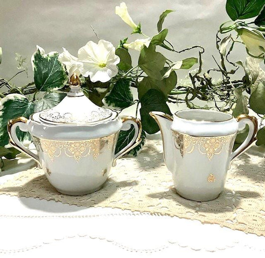 Sucrier pot à lait verseuse porcelaine blanc et or vintage