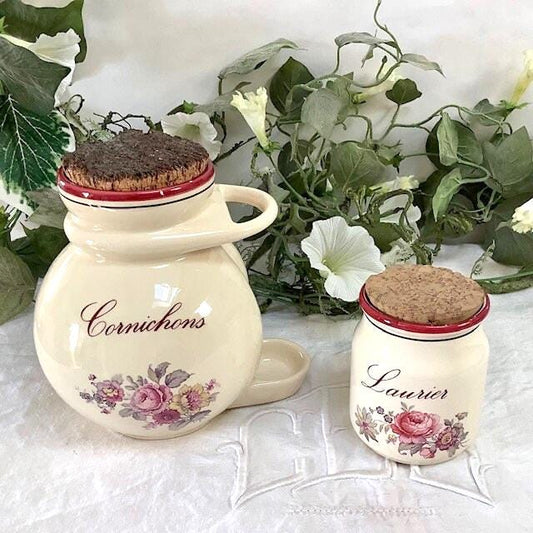Pots cornichons laurier faïence fleurs vintage