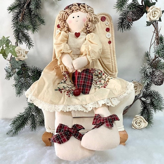 Poupée de chiffon ange tissu écru coeur carreaux ht 27 cm vintage