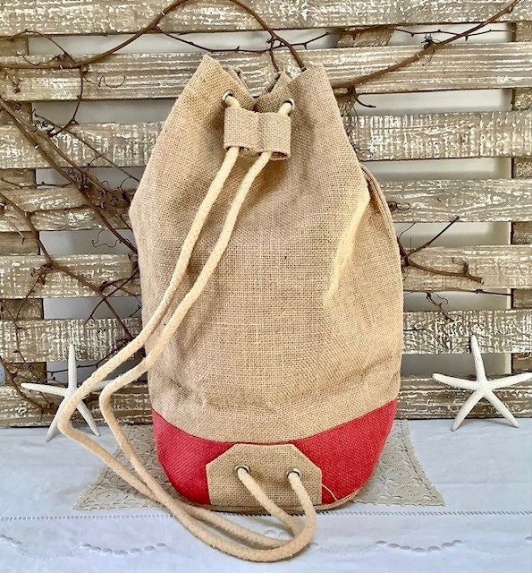 Sac de plage imperméable toile de jute beige framboise ht 40 cm