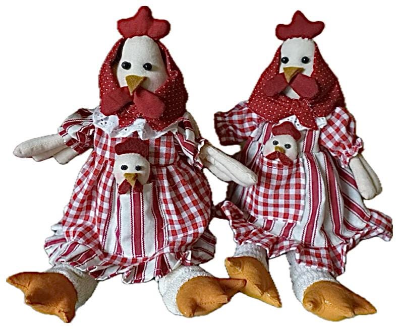 Ensemble poule et poussin déco tissu robe carreaux rouge blanc, vintage La Galleria 28 cm