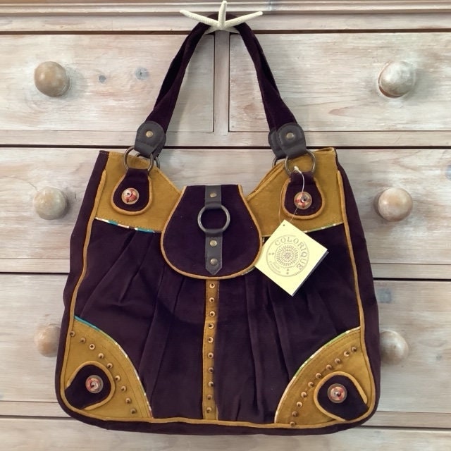 Grand sac besace velours aubergine violet Colorique, anses perles bois, style vintage 42x34 cm