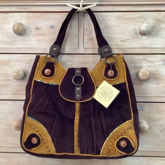 Grand sac besace velours aubergine violet Colorique, anses perles bois, style vintage 42x34 cm