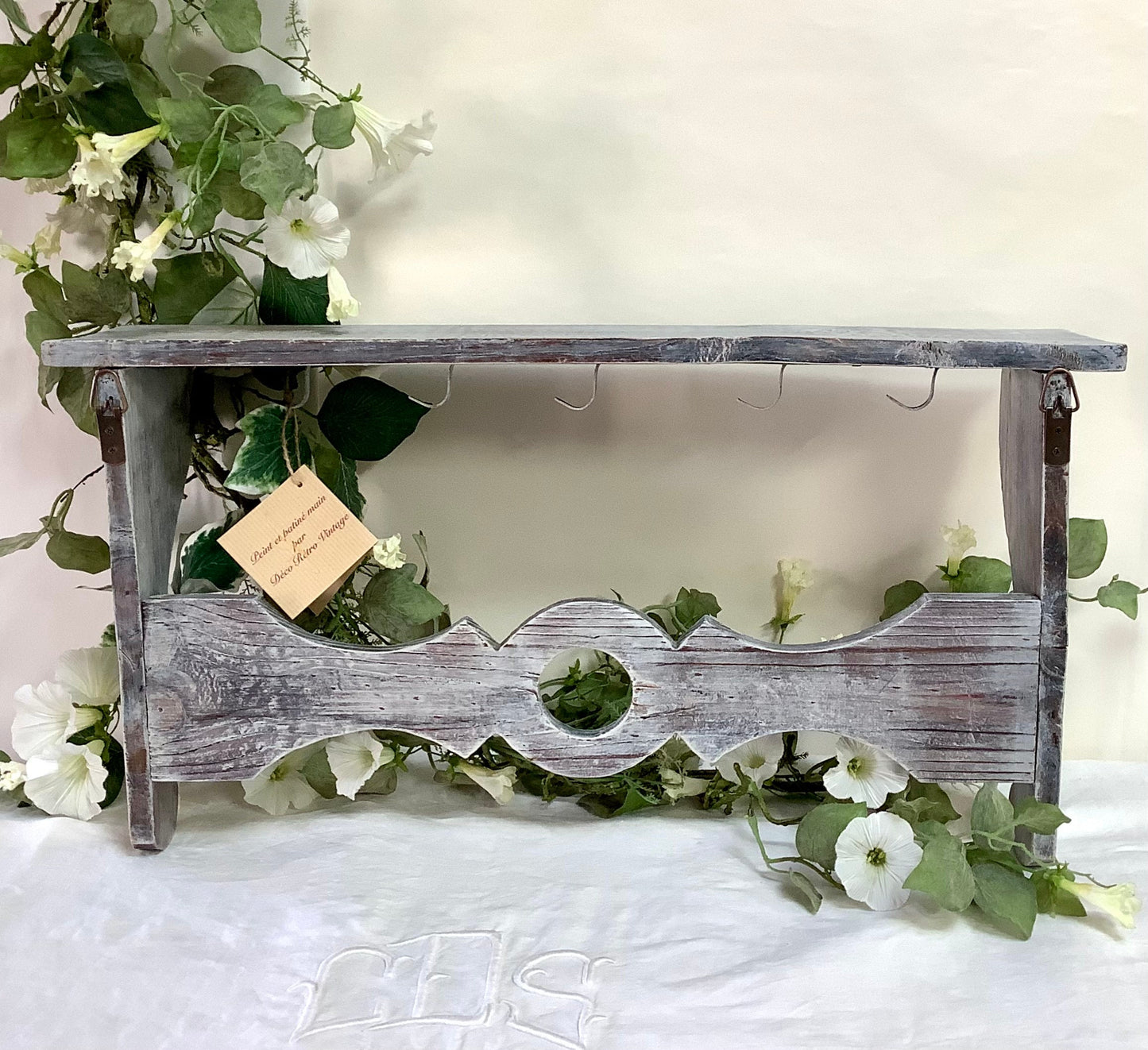 Étagère bois vintage 5 crochets porte casseroles  ht 30 cm