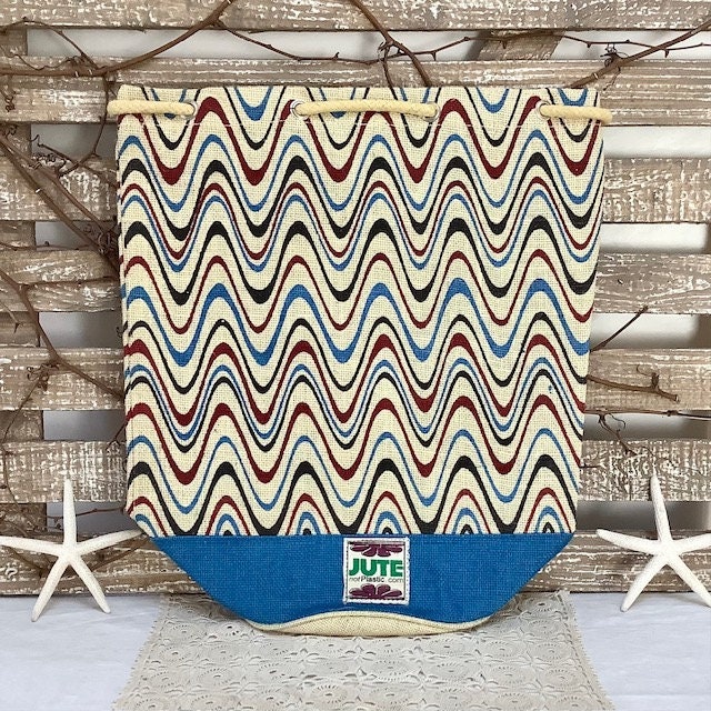 Sac de plage imperméable toile de jute beige vagues bleu ht 40 cm