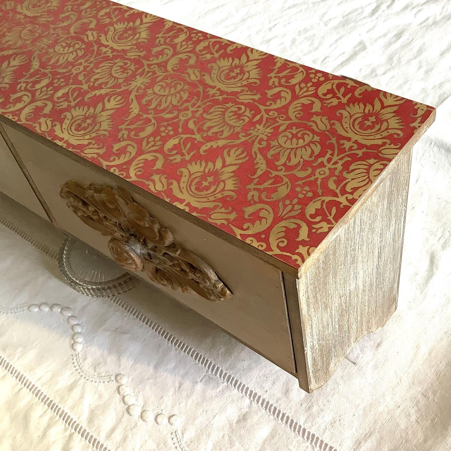 Étagère murale bois patiné 2 tiroirs 4 accroches ht 21 cm