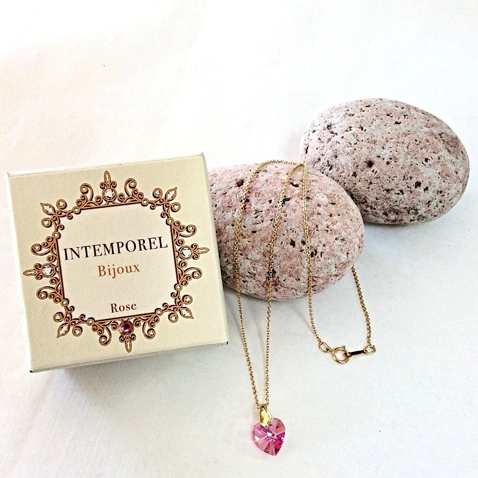 Collier coeur Rose pendentif cristal Swarovski chaîne Gold Filled plaqué or 14 k