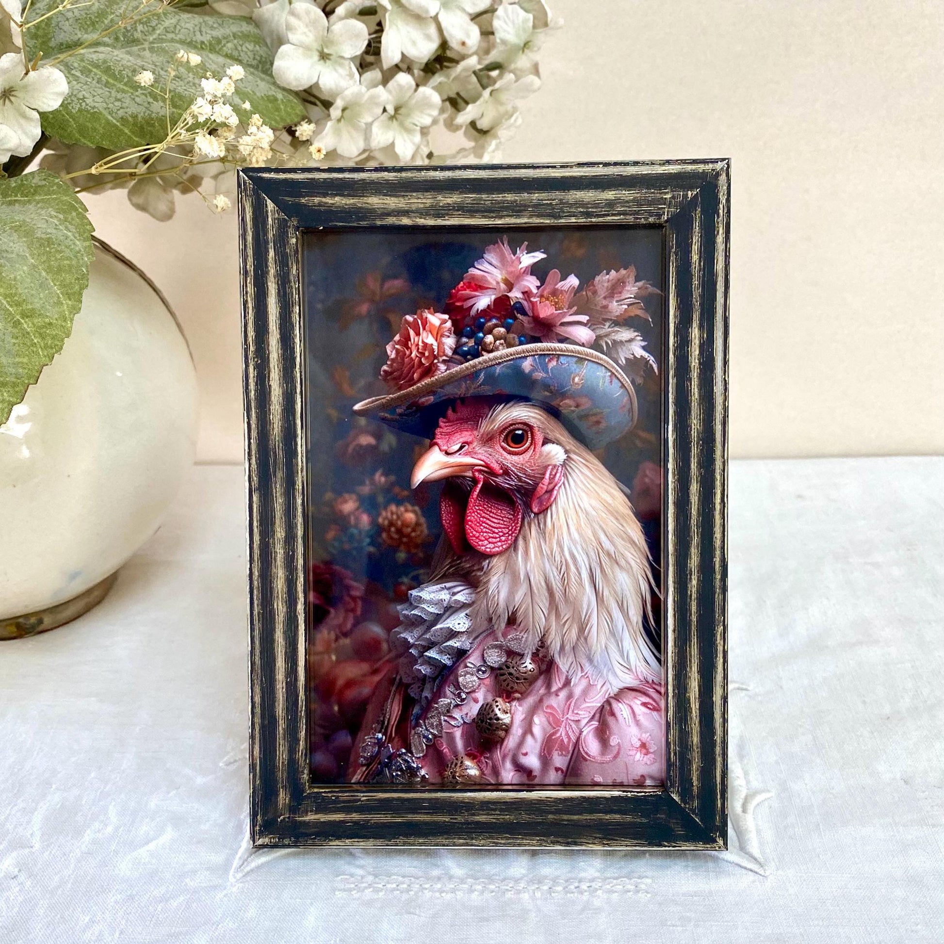 Cadre photo noir et doré 10x15 cm avec illustration coq habillé en costume victorien, style rétro vintage