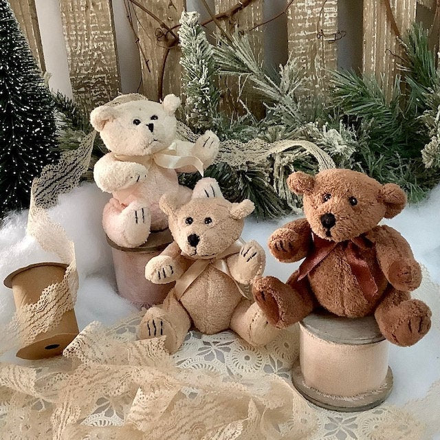 Ours peluche beige 10 cm boîte bois ruban carte enveloppe, cadeau vintage finitions soignées