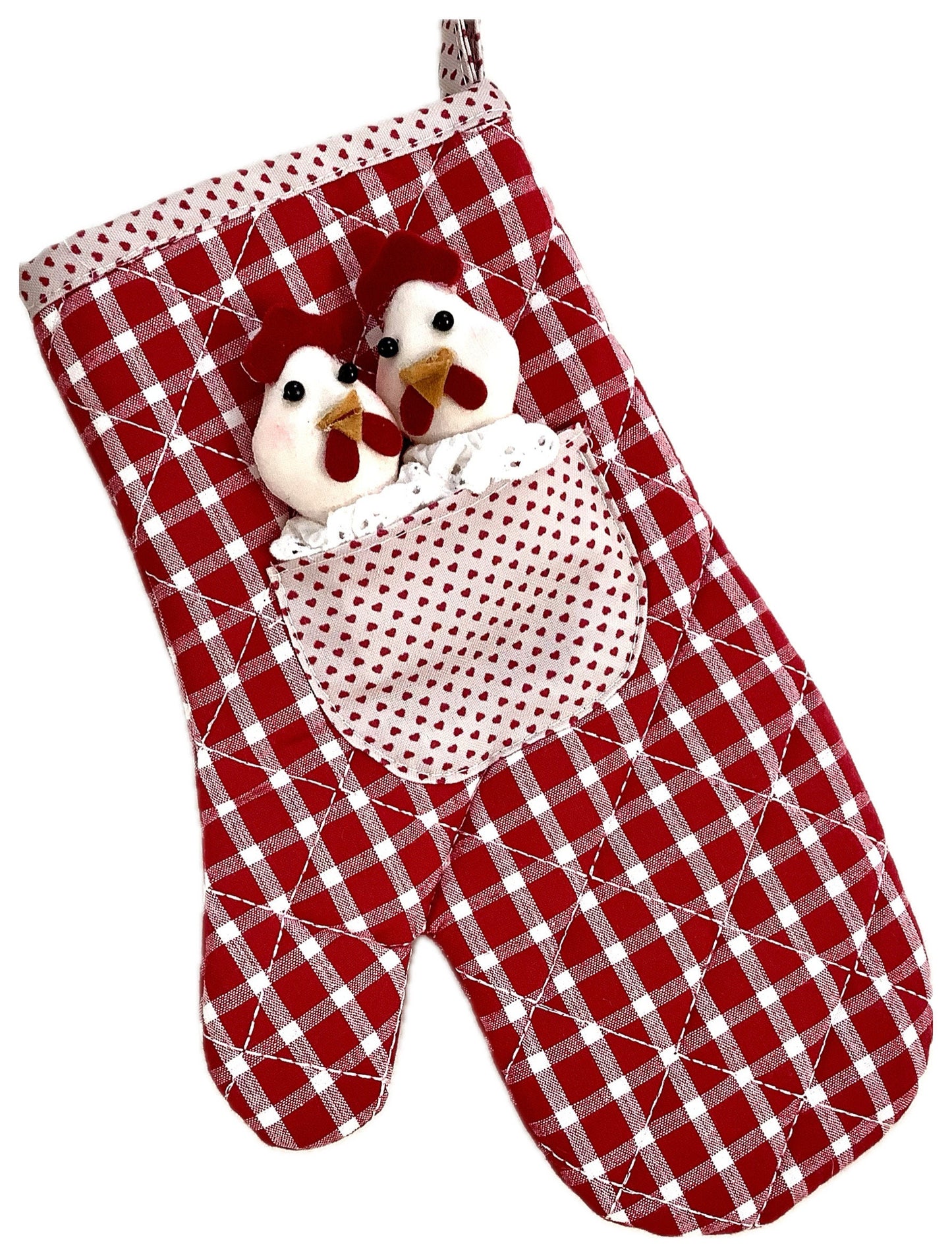 Maniques gants de four poules carreaux rouge et cœur la galleria ht 30 cm