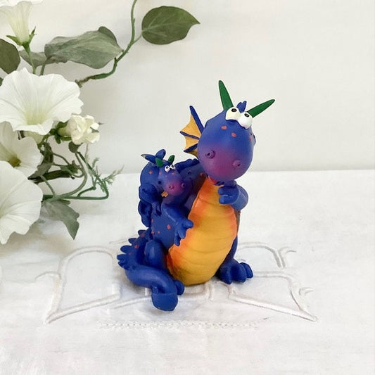 Figurine résine dragon bleu avec bébé vintage