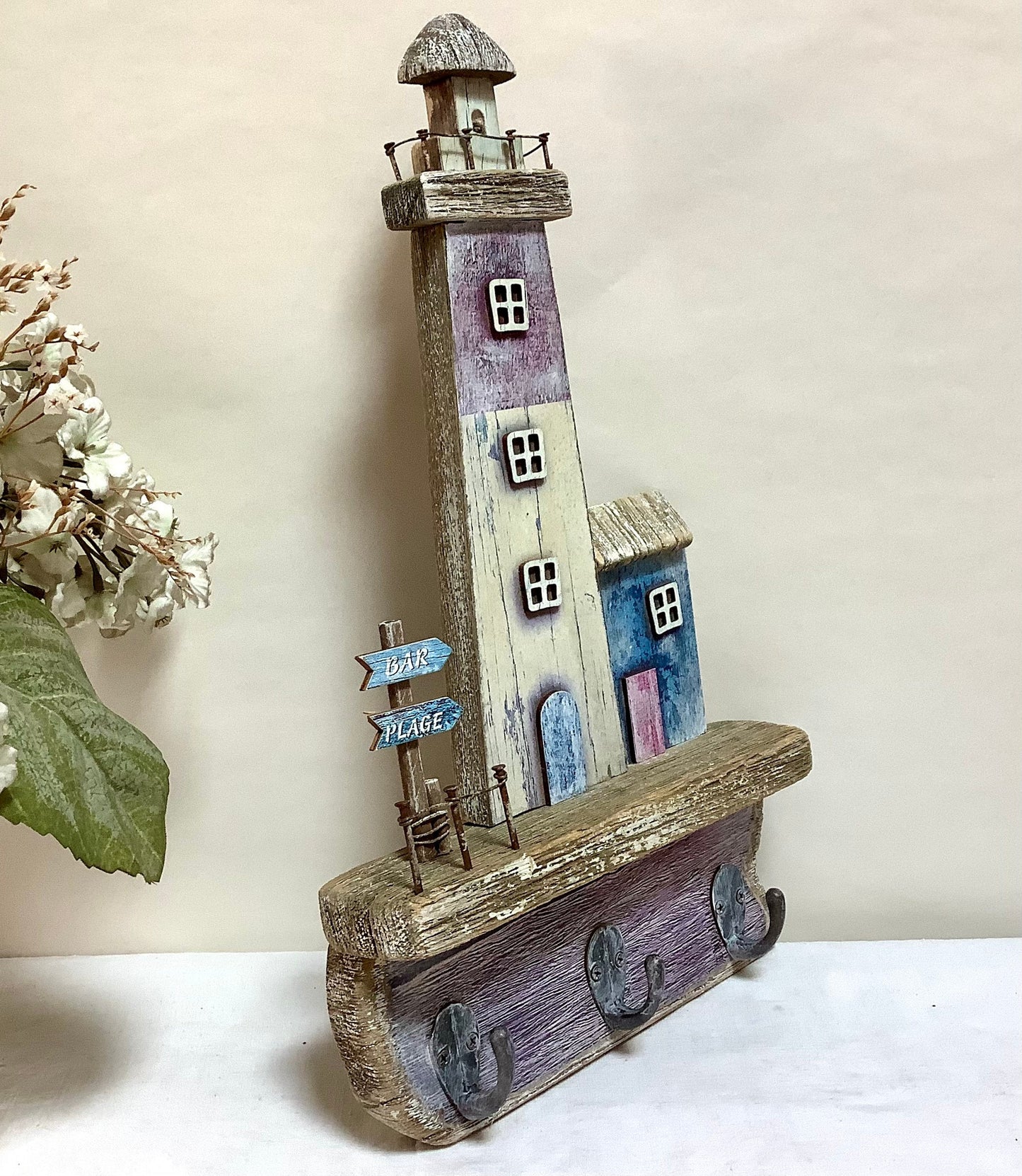 Accroche torchons phare marin bois flotté vintage ht 32.5 cm