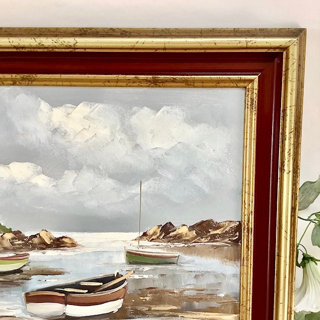 Tableau paysage marin huile sur toile vintage