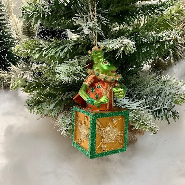 Suspension de Noël Grenouille sur cube vintage ht 12 cm