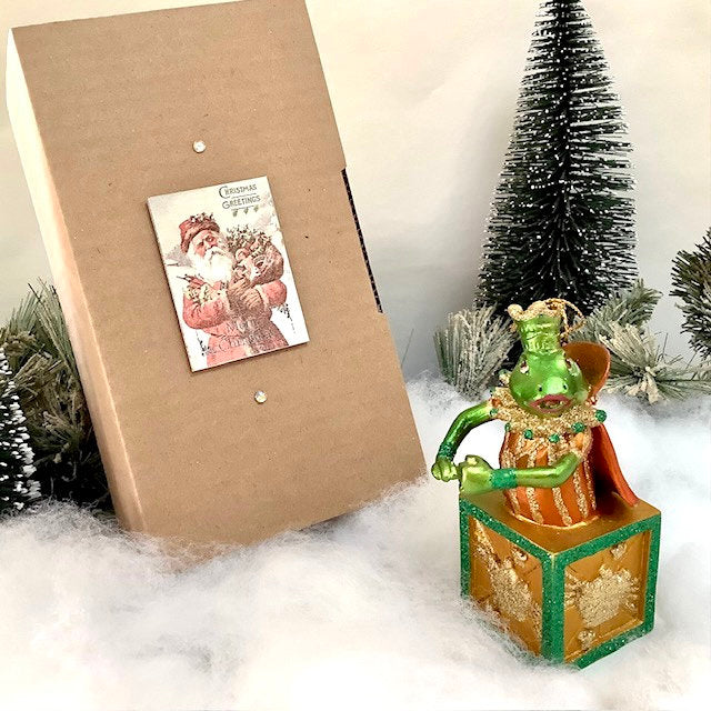 Suspension de Noël Grenouille sur cube vintage ht 12 cm